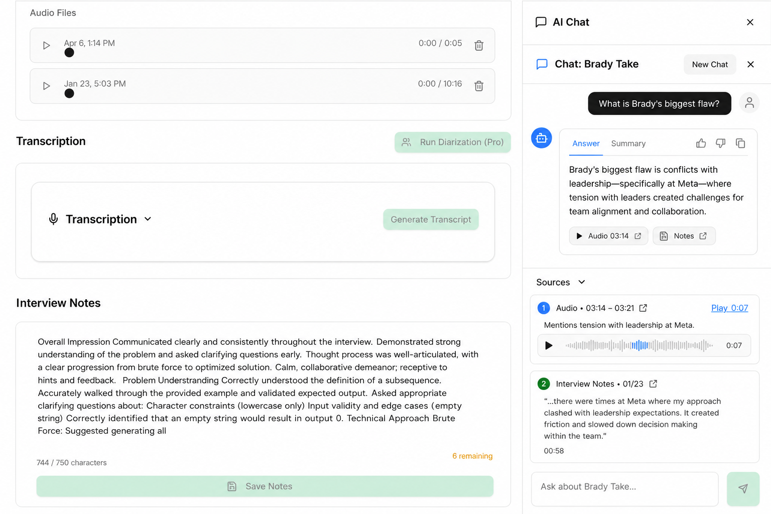 The in-app AI chat answering a question about a candidate, with a cited answer and a sources panel linking back to the transcript and interview notes it drew from.