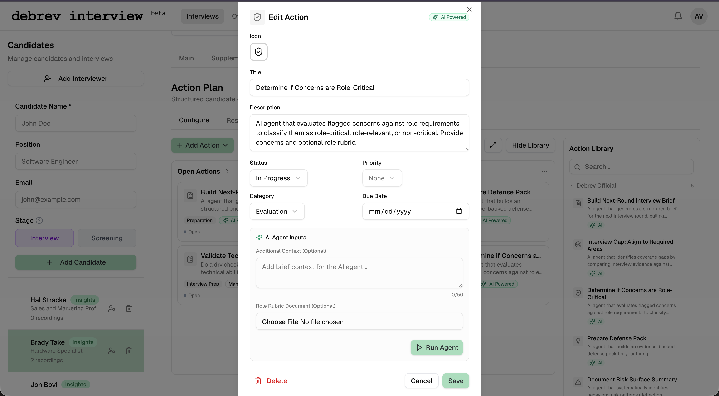 The Action Plan tab with the Action Library open on the right, configuring the built-in 'Determine if Concerns are Role-Critical' agent for a candidate.