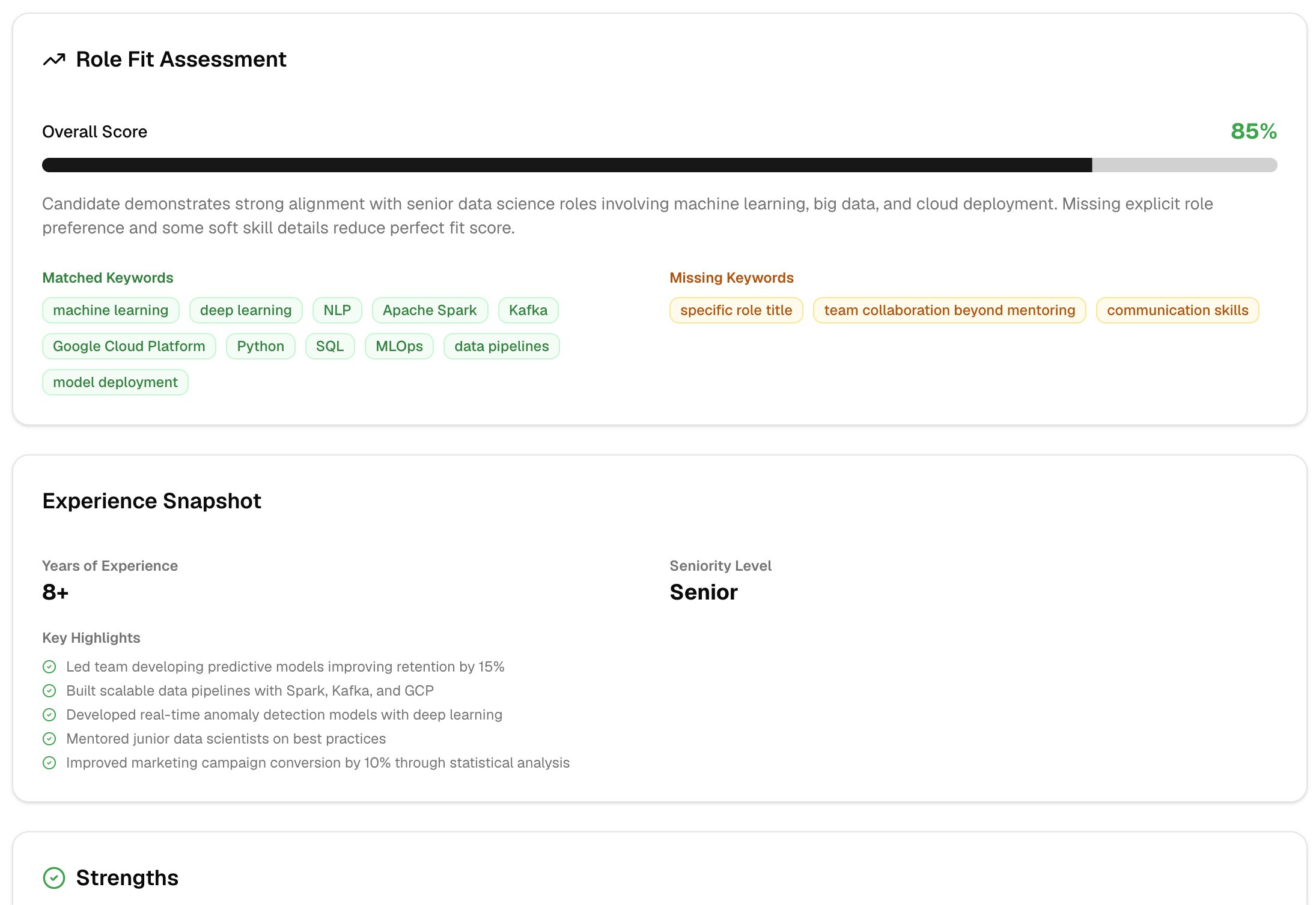 Screening insights view: a role-fit assessment with an 85% overall score, matched and missing keyword chips, and an experience snapshot.