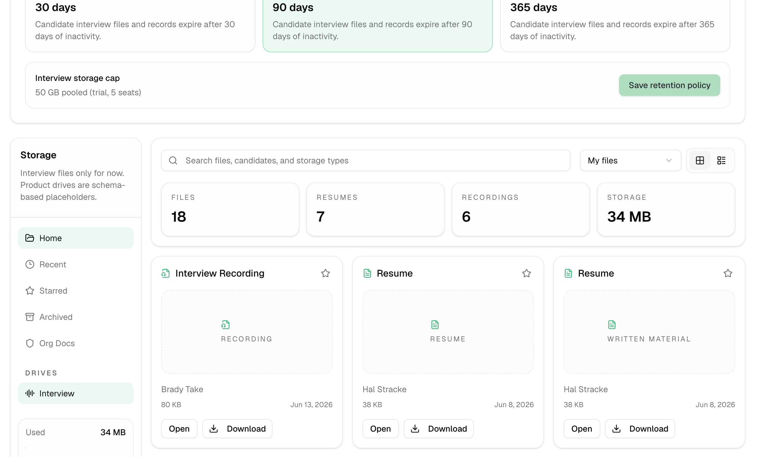 The storage settings screen: selectable 30, 90, and 365-day retention windows, a pooled storage cap, and a file browser showing recordings and resumes with sizes.