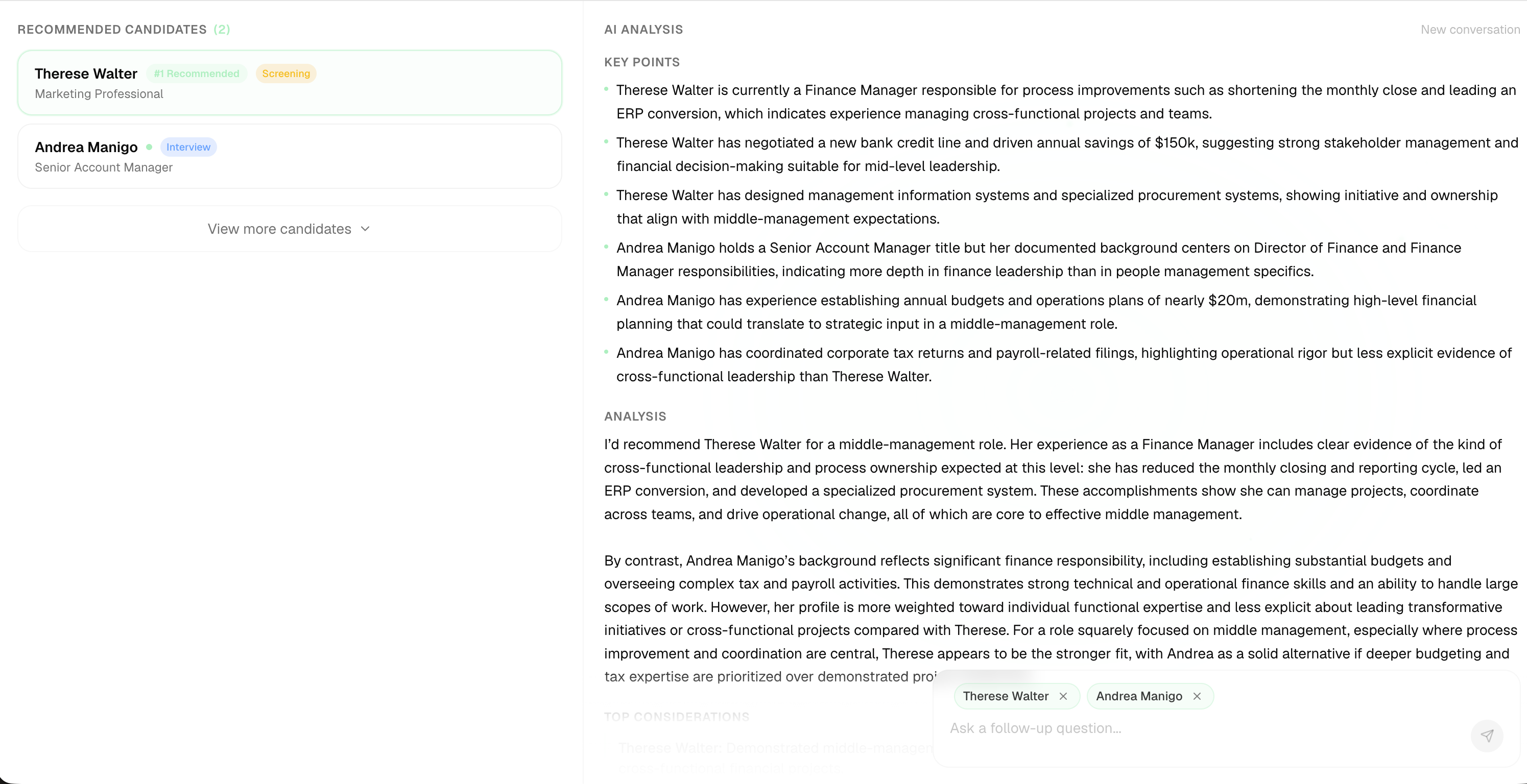 Recommended candidates surfaced by semantic search, with a side-by-side analysis comparing two finalists and a reasoned recommendation.