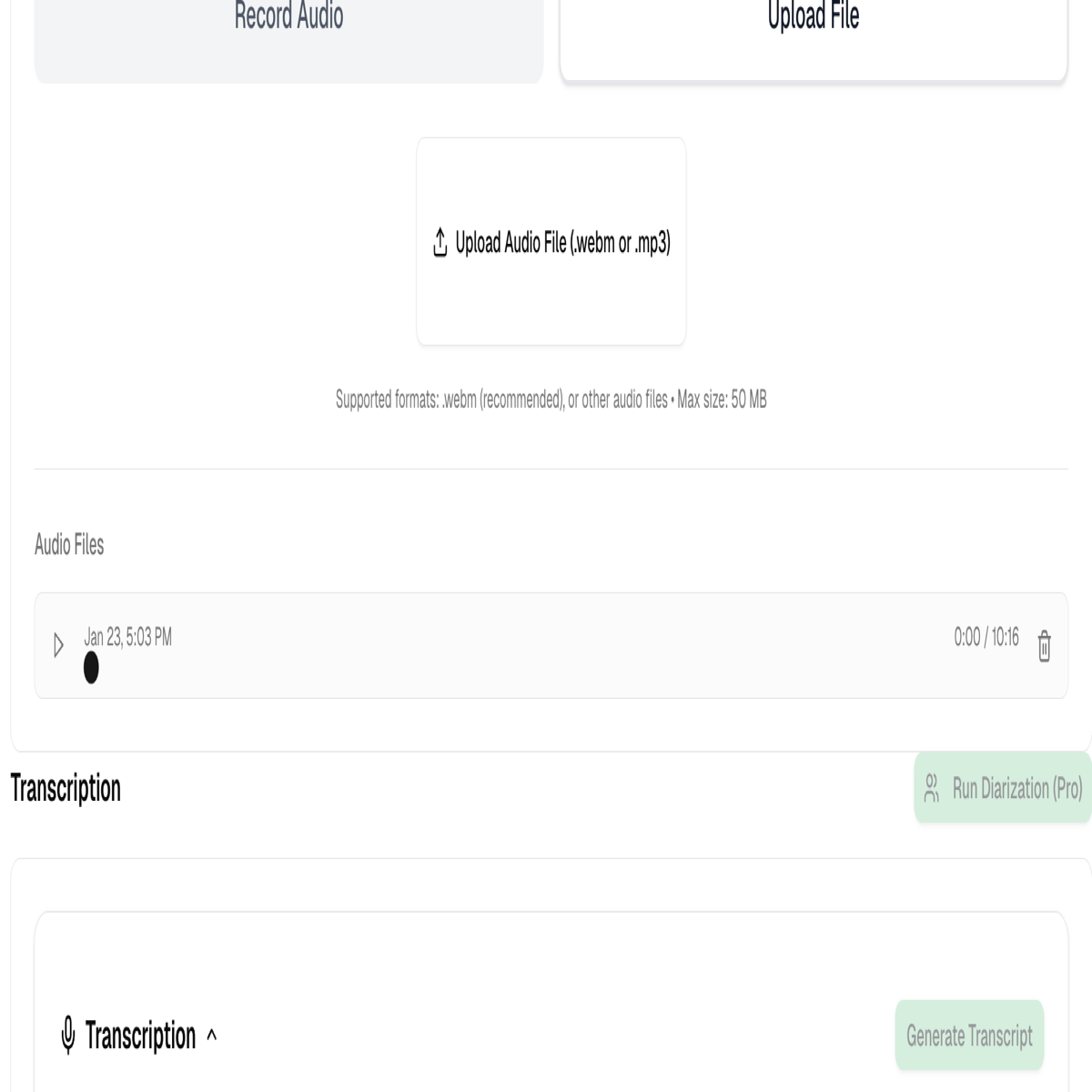 Debrev Interview step 1: upload audio, resume, and interview notes for automatic transcription and parsing